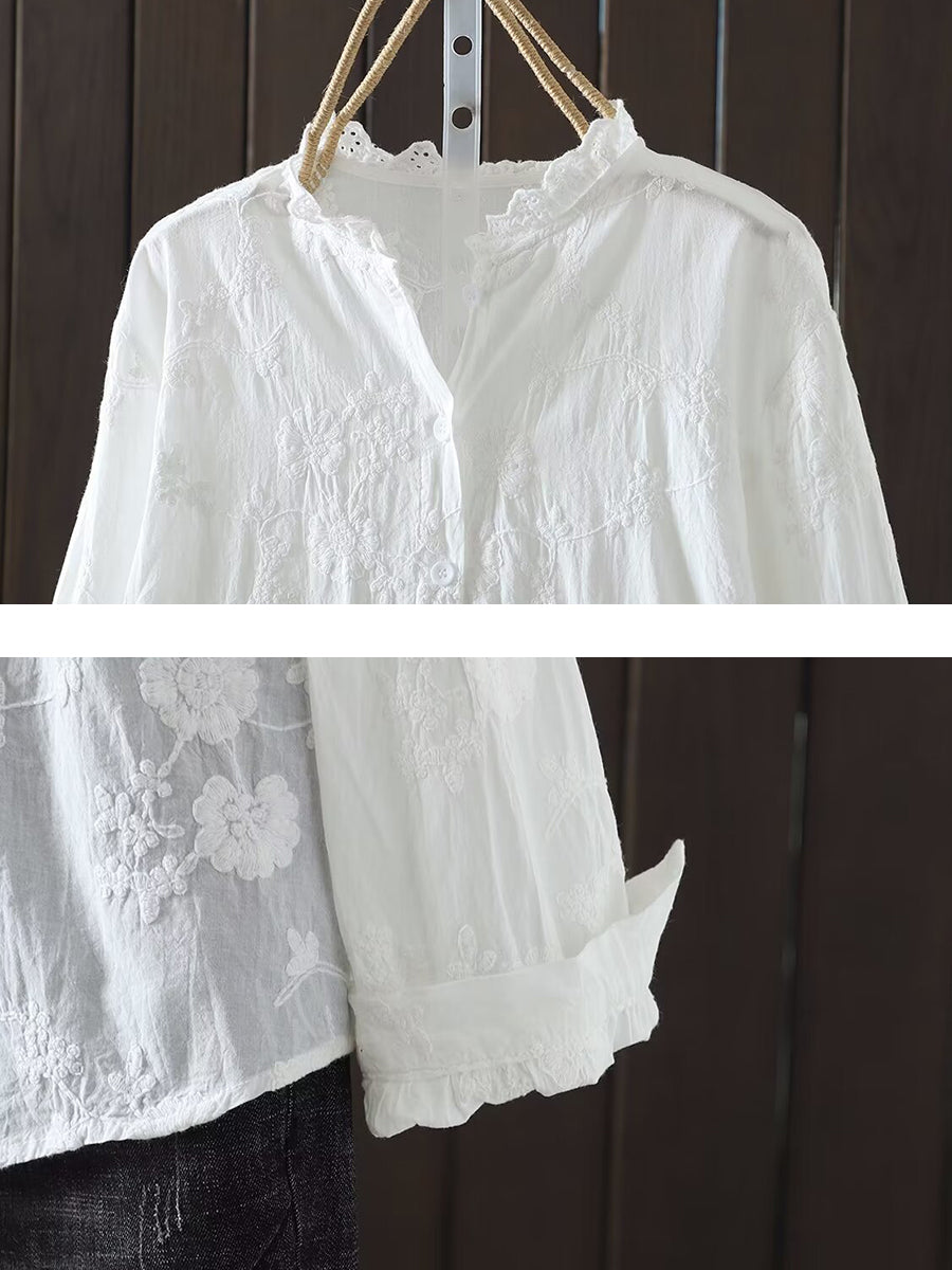 Plus Size Women Spring Flower Jacquard Lacework Neck Blouse