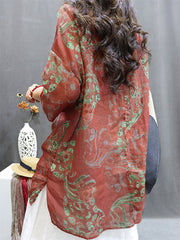 Plus Size Women Summer Vintage Flower Ramie Blouse M-4XL