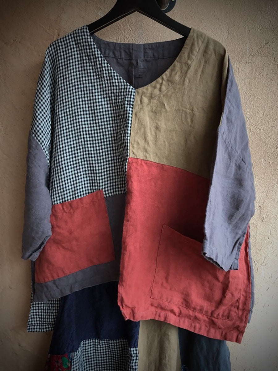 Plus Size Women Linen Retro Patch Spliced Pocket Irregular Loose Blouse