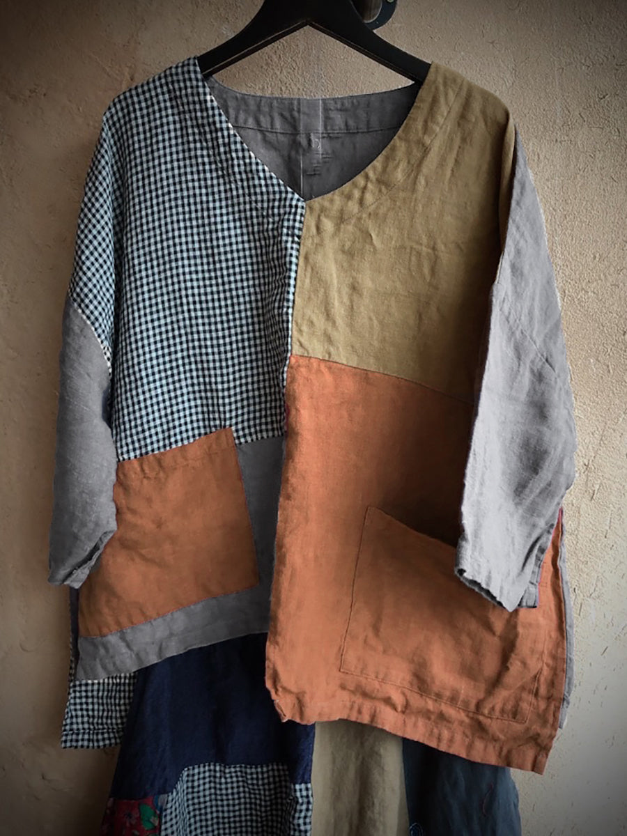 Plus Size Women Linen Retro Patch Spliced Pocket Irregular Loose Blouse