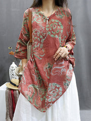 Plus Size Women Summer Vintage Flower Ramie Blouse M-4XL