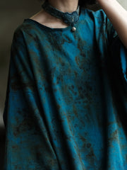 Plus Size Women Autumn Vintage O-Neck Tie-dye Cotton Blouse