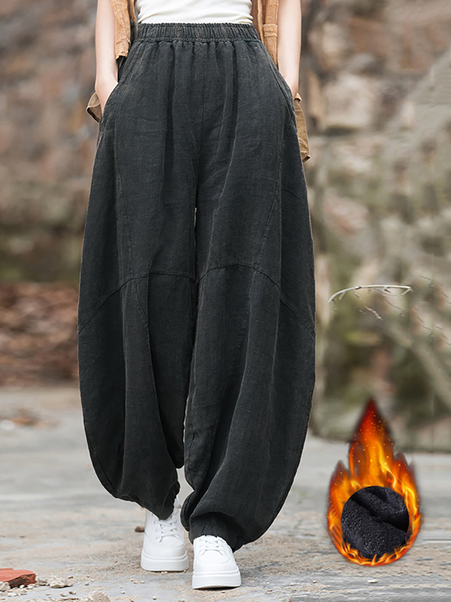 Plus Size Women Winter Cotton Linen Fleece-lined Loose Harem Pants