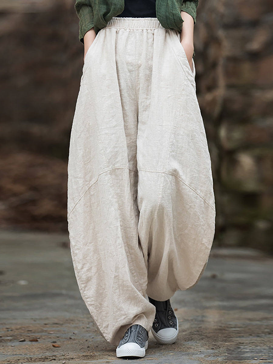 Plus Size Women Winter Cotton Linen Fleece-lined Loose Harem Pants