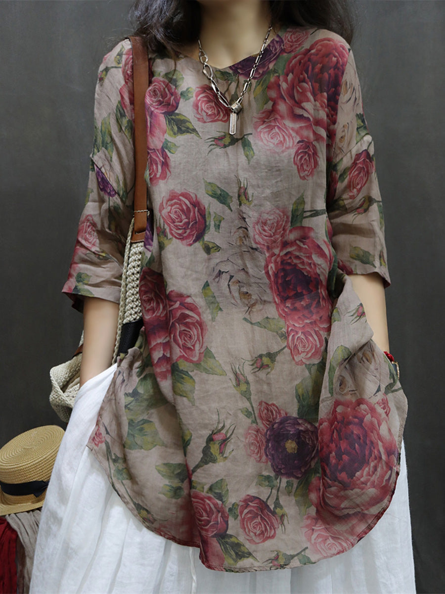 Plus Size Women Summer Vintage Flower Ramie Blouse M-4XL