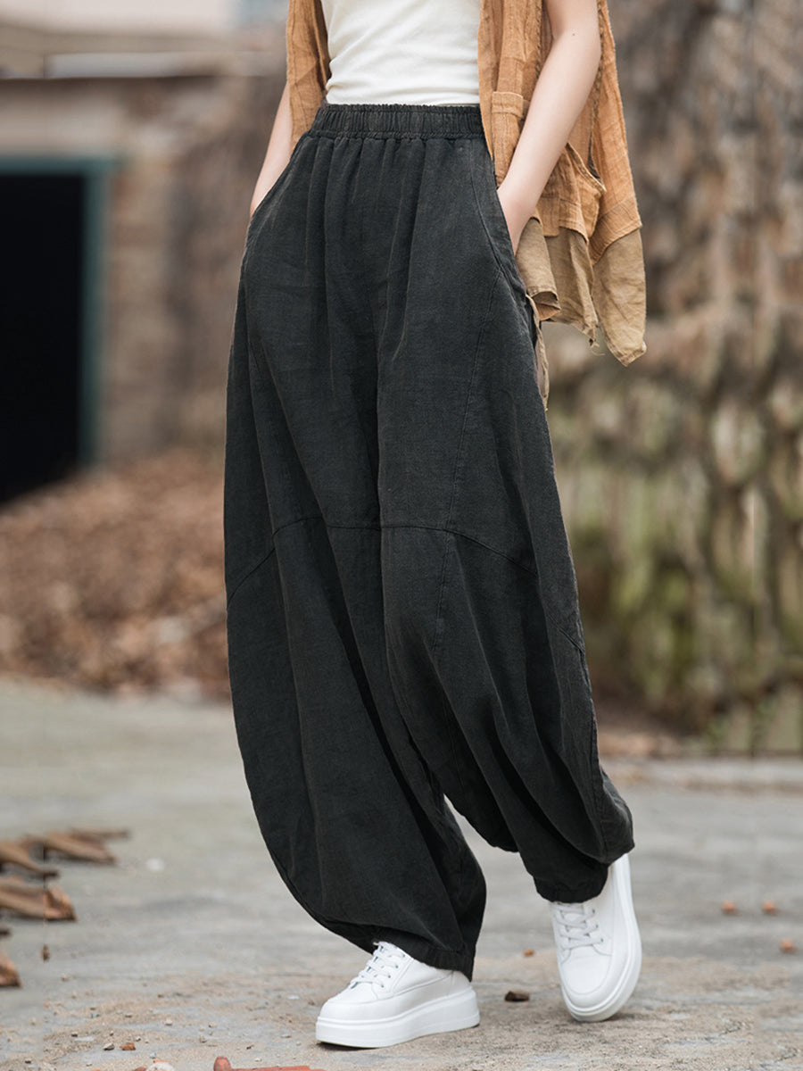 Plus Size Women Winter Cotton Linen Fleece-lined Loose Harem Pants