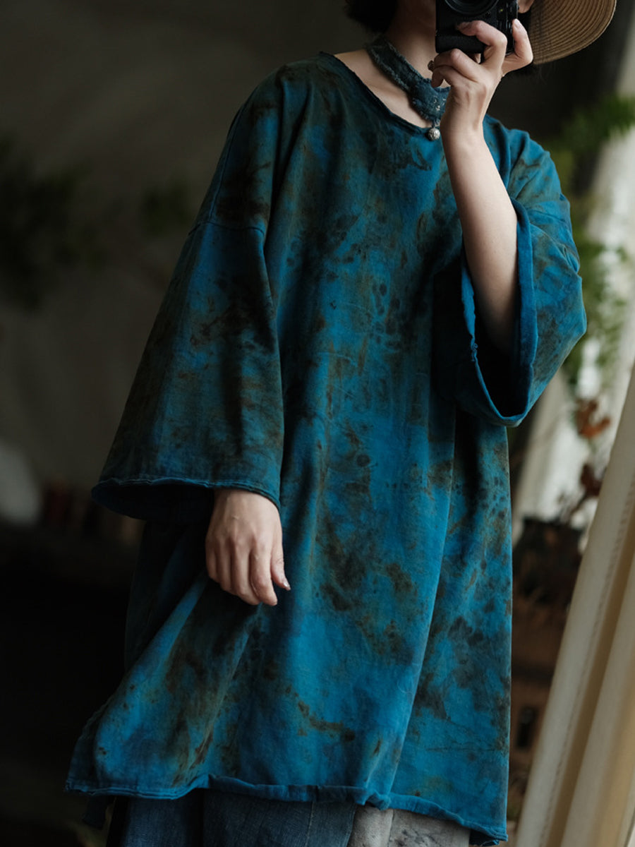 Plus Size Women Autumn Vintage O-Neck Tie-dye Cotton Blouse
