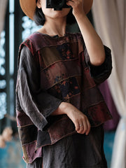 Women Autumn Retro Patchwork Cotton O-Neck Blouse
