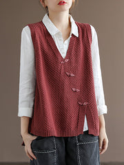 Artisan Cotton Knitted Vest - Flattering V-Neck Button Sweater Vest with Asymmetric Hem | Plus Size