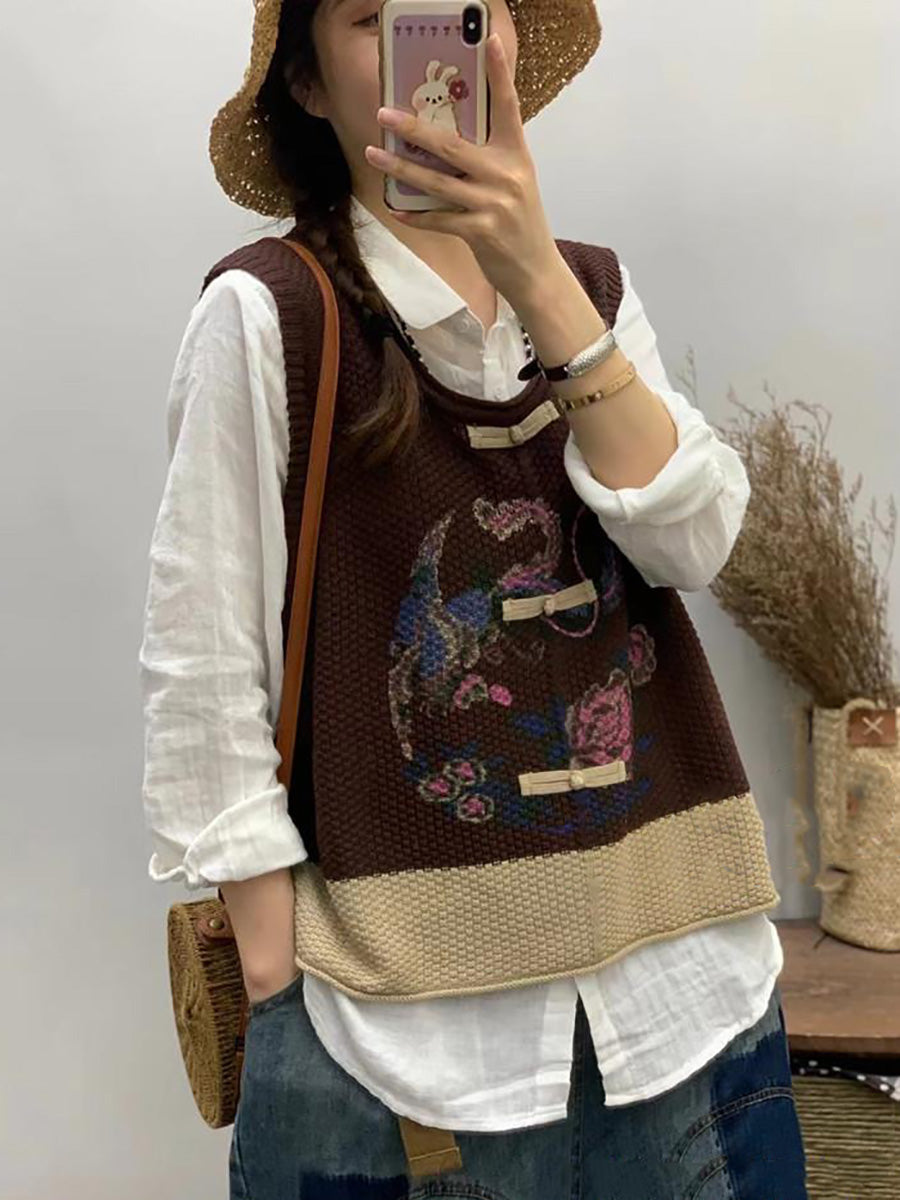 Plus Size Women Retro Flower Print Colorblock Vest