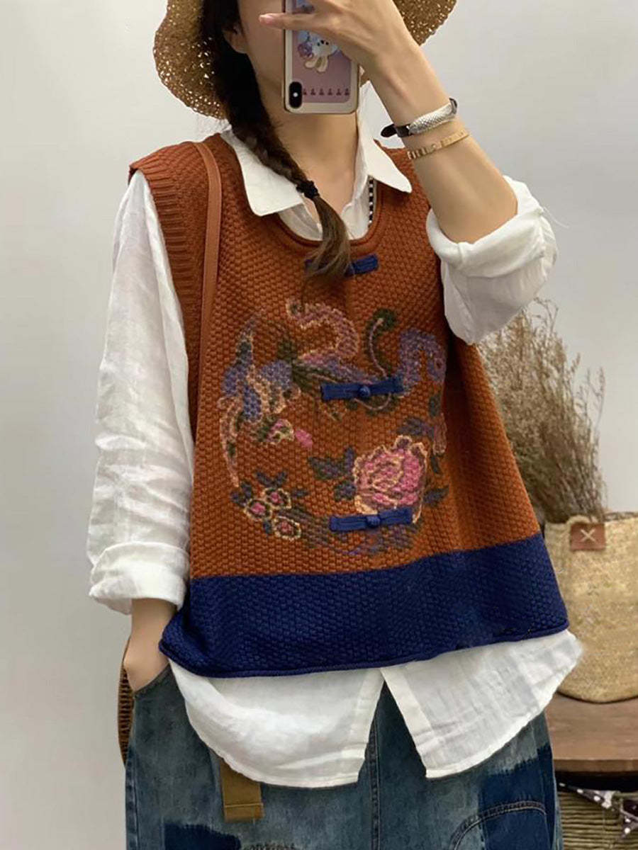 Plus Size Women Retro Flower Print Colorblock Vest