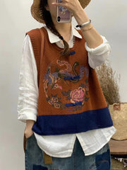 Plus Size Women Retro Flower Print Colorblock Vest
