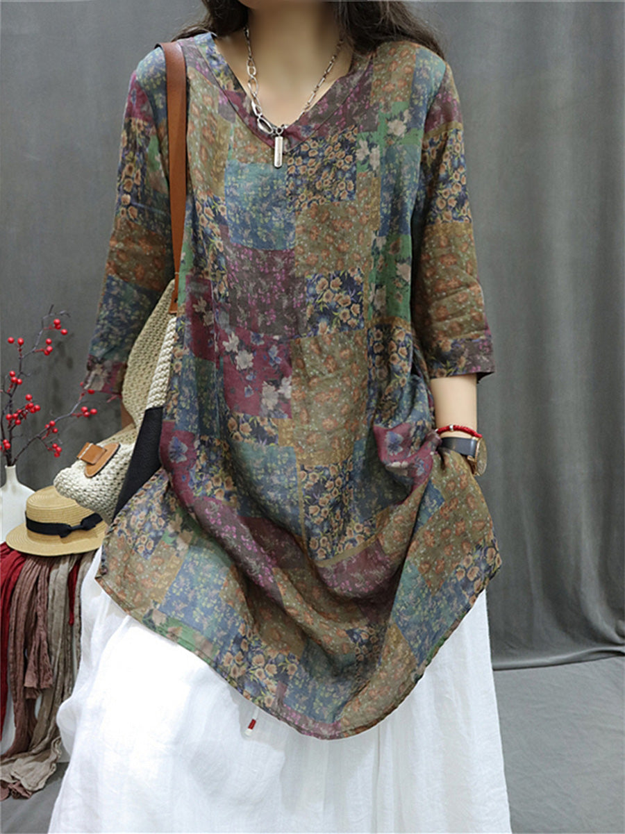 Plus Size Women Summer Retro Spliced V-Neck Loose Long Blouse