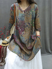 Plus Size Women Summer Retro Spliced V-Neck Loose Long Blouse
