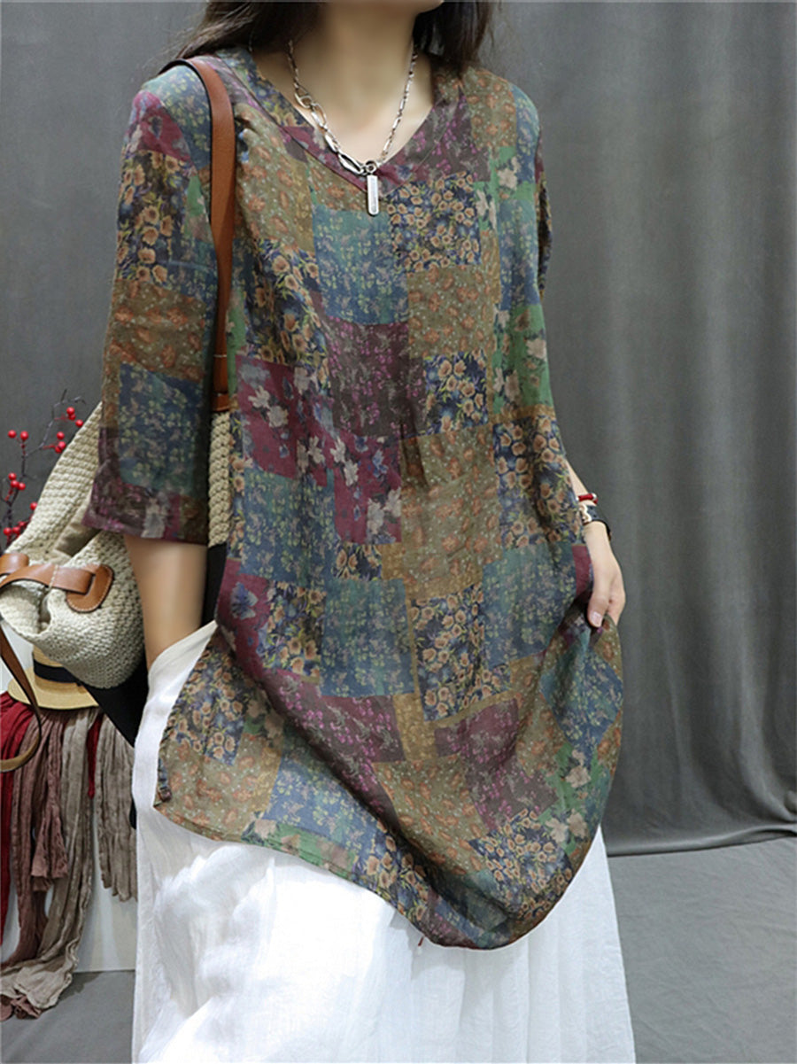 Plus Size Women Summer Retro Spliced V-Neck Loose Long Blouse