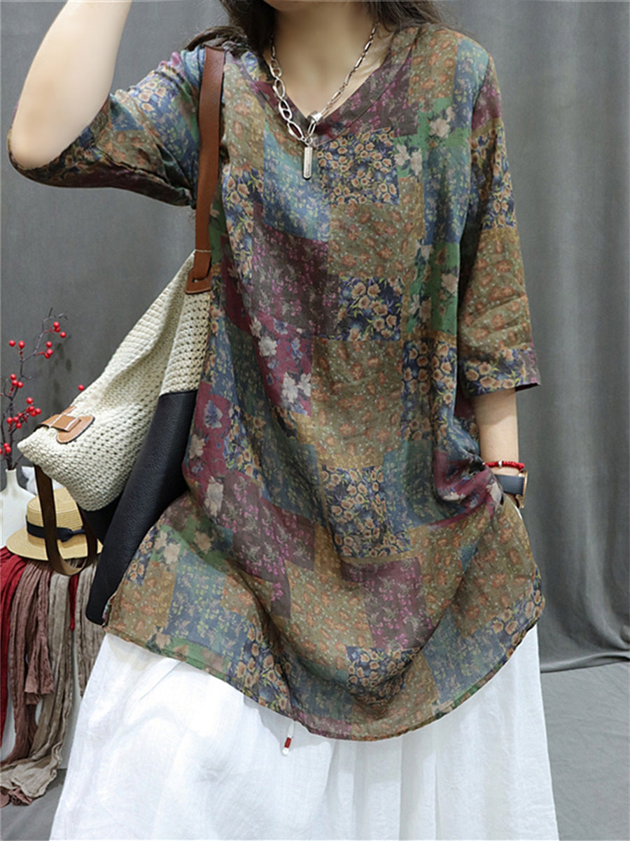Plus Size Women Summer Retro Spliced V-Neck Loose Long Blouse