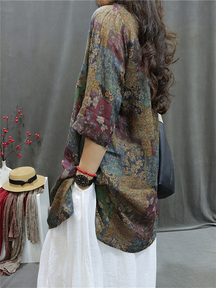 Plus Size Women Summer Retro Spliced V-Neck Loose Long Blouse