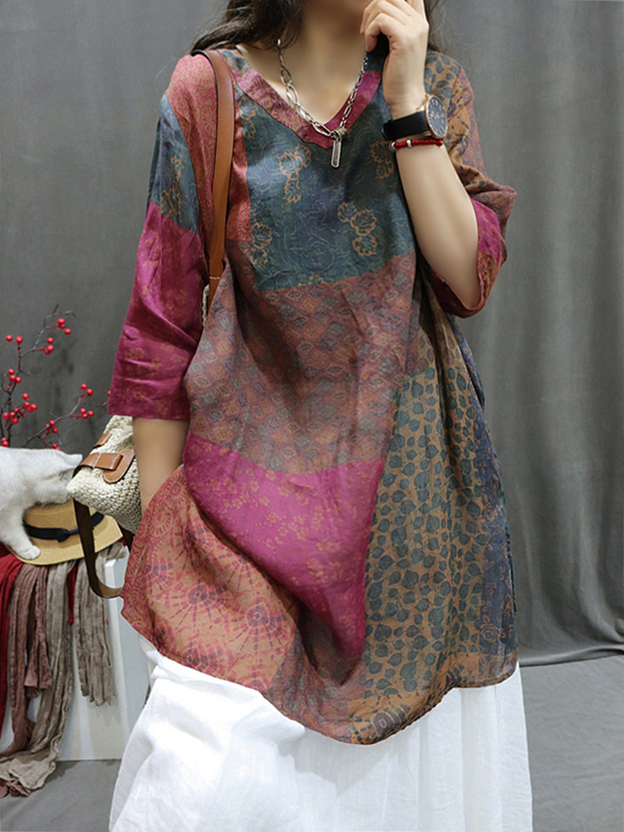 Plus Size Women Summer Retro Spliced V-Neck Loose Long Blouse