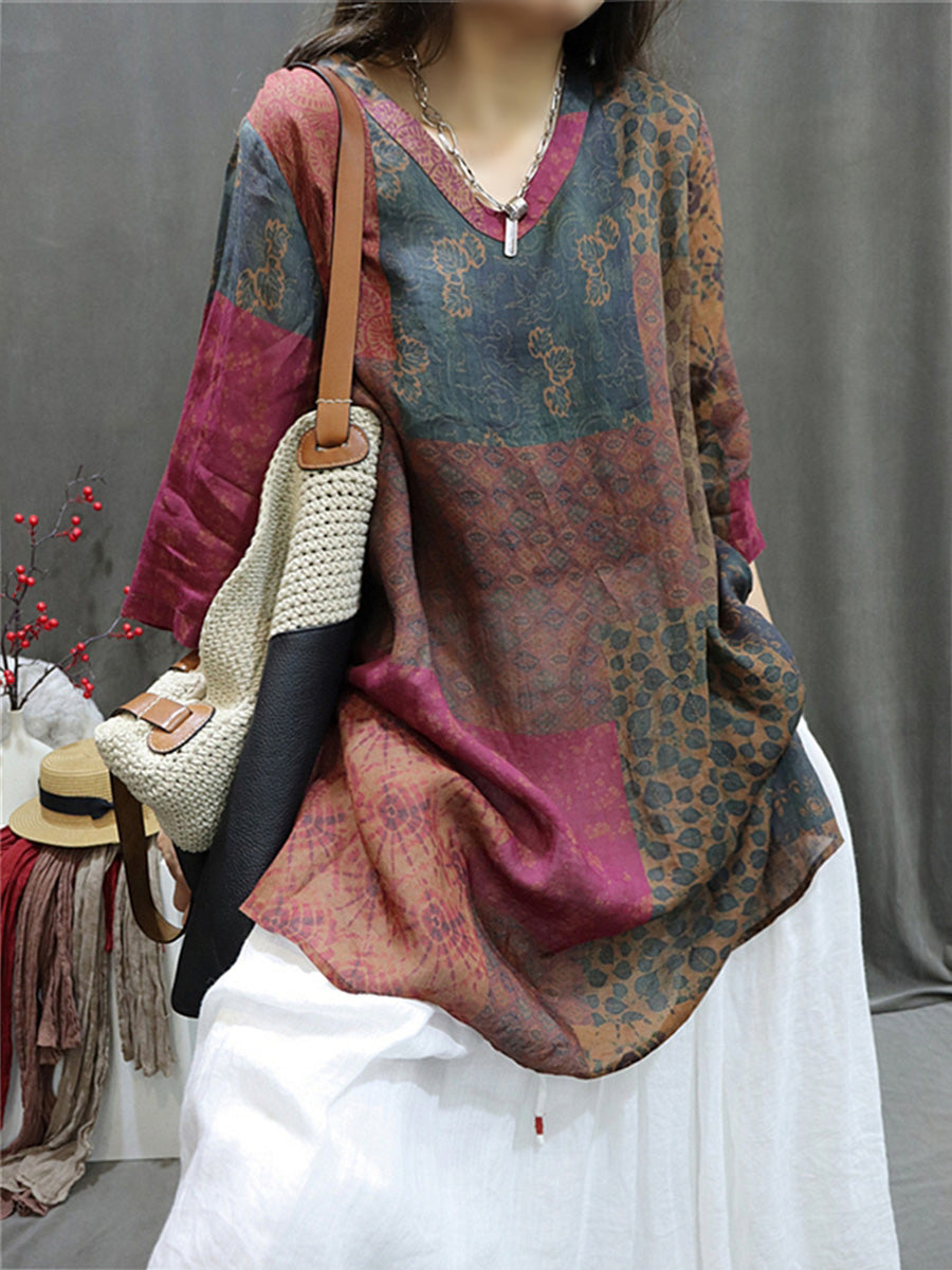 Plus Size Women Summer Retro Spliced V-Neck Loose Long Blouse