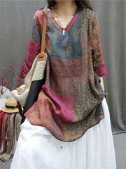 Plus Size Women Summer Retro Spliced V-Neck Loose Long Blouse