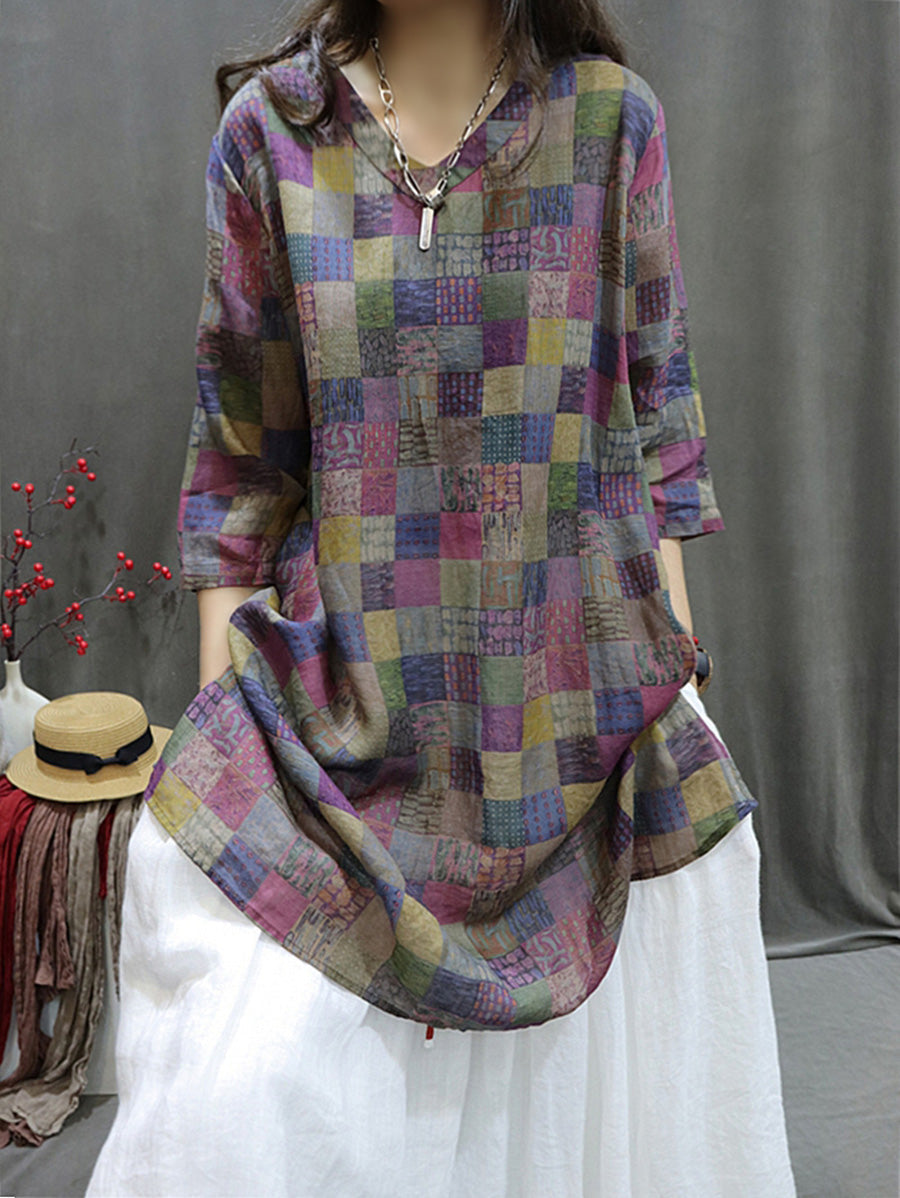 Plus Size Women Summer Retro Spliced V-Neck Loose Long Blouse