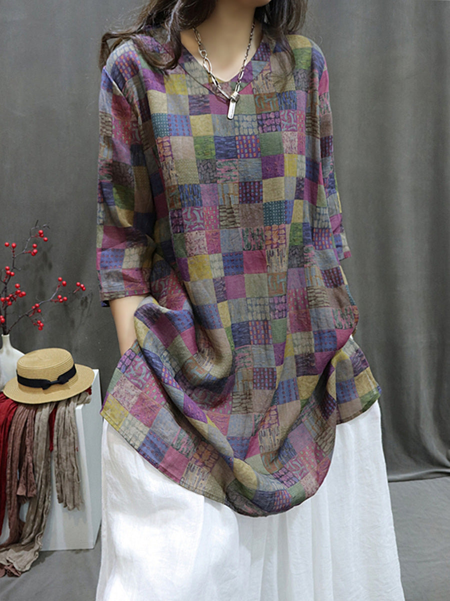 Plus Size Women Summer Retro Spliced V-Neck Loose Long Blouse