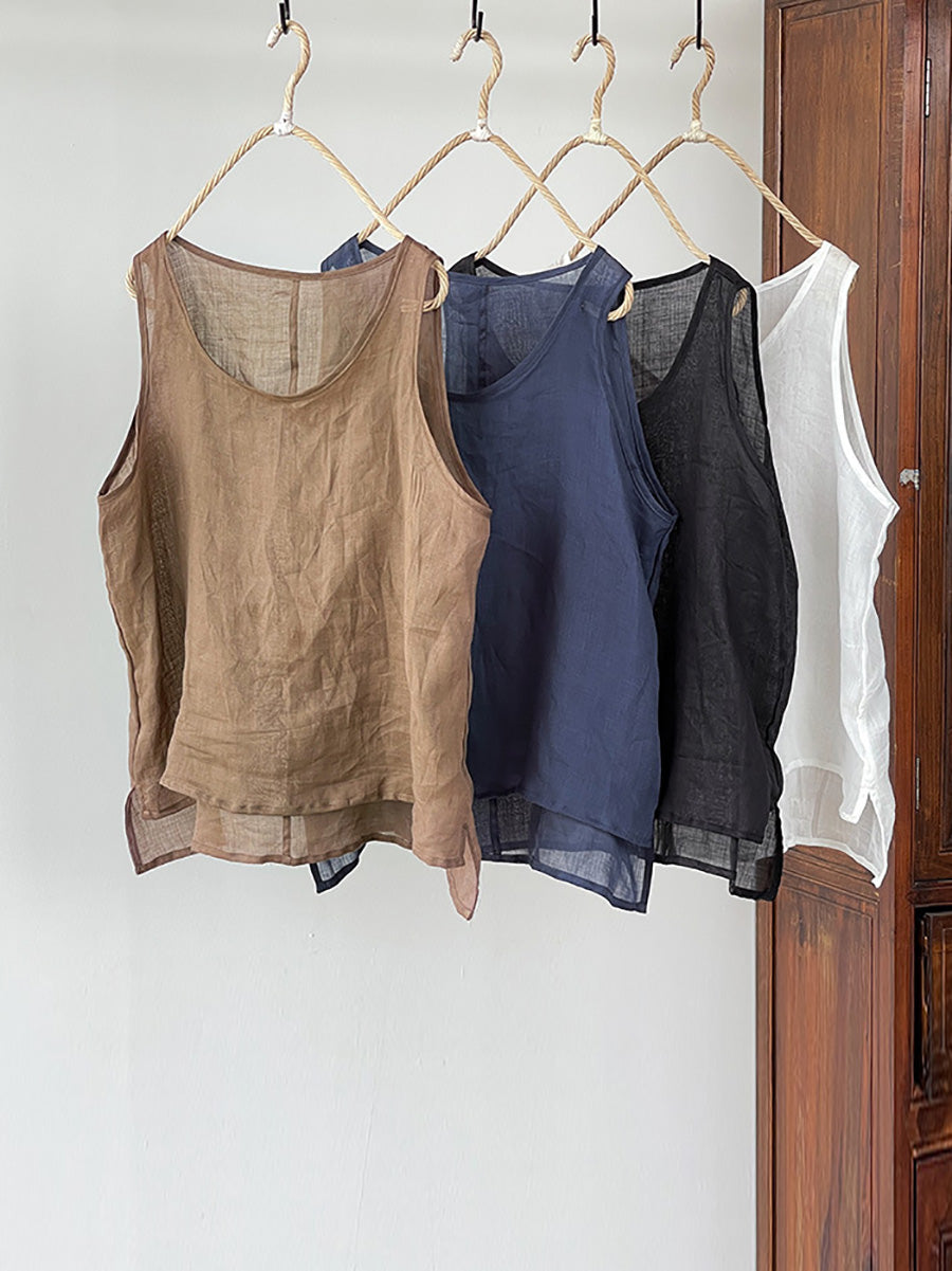 Plus Size Women Summer Vintage Solid Thin 100%Ramie Vest