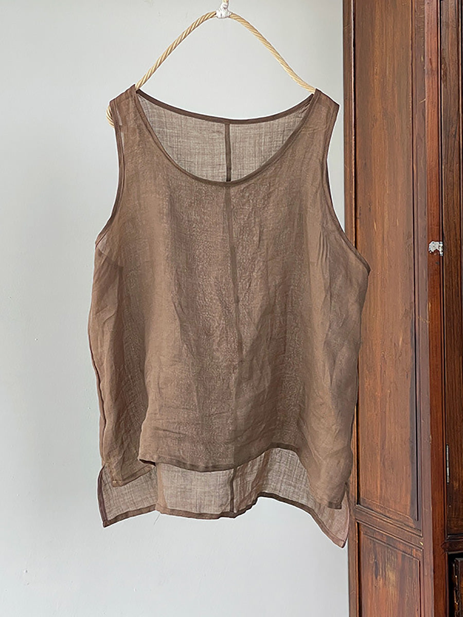 Plus Size Women Summer Vintage Solid Thin 100%Ramie Vest