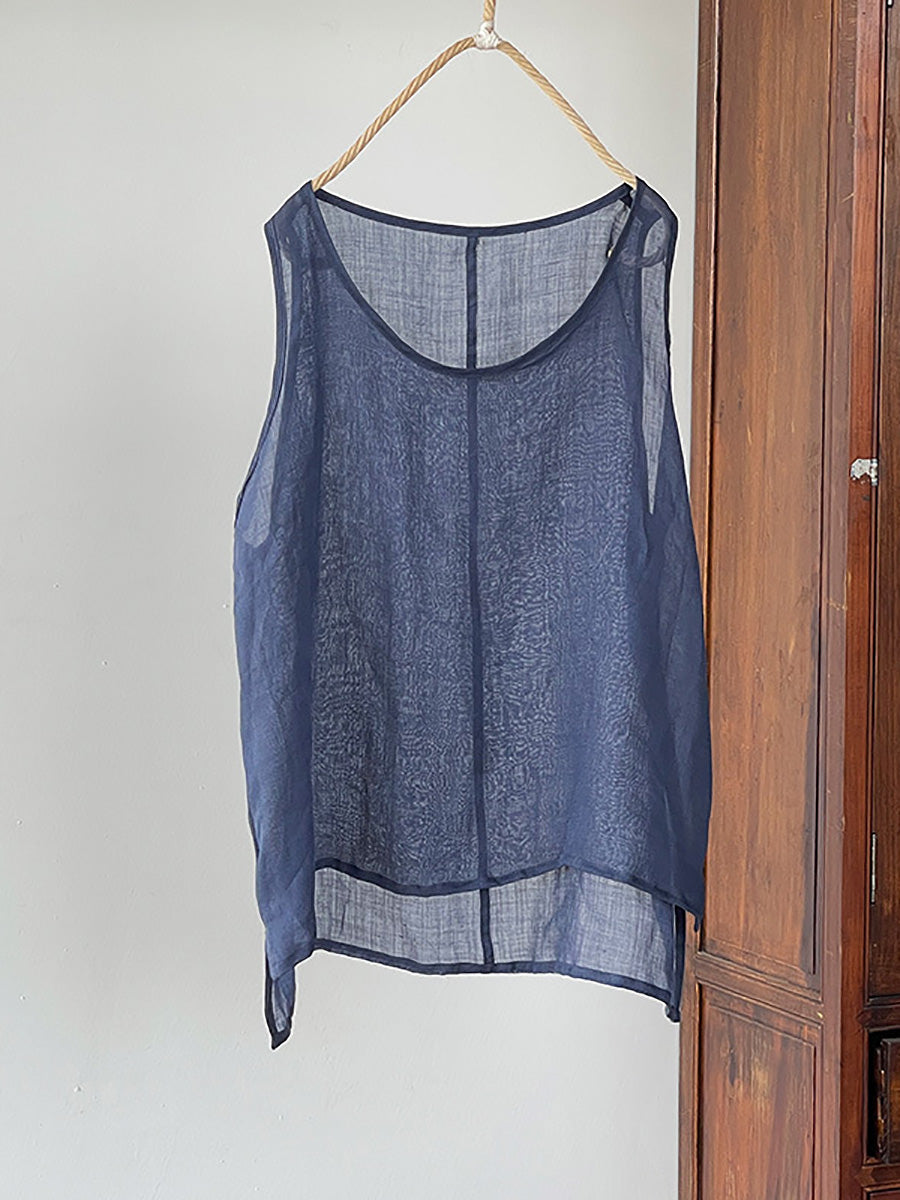 Plus Size Women Summer Vintage Solid Thin 100%Ramie Vest