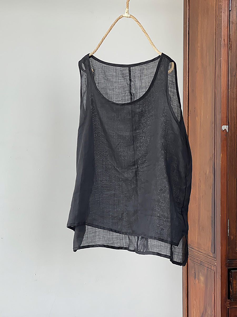 Plus Size Women Summer Vintage Solid Thin 100%Ramie Vest
