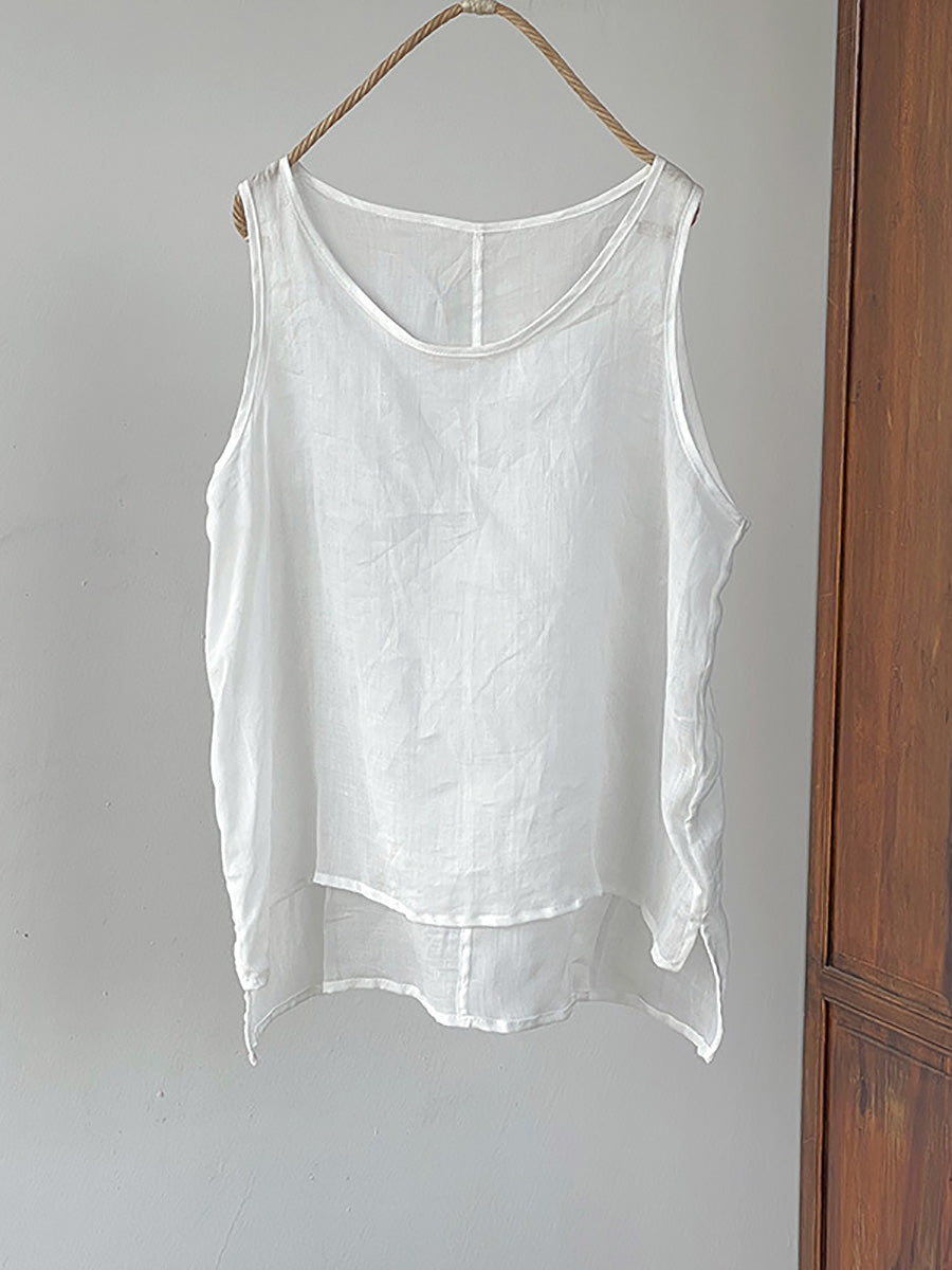 Plus Size Women Summer Vintage Solid Thin 100%Ramie Vest