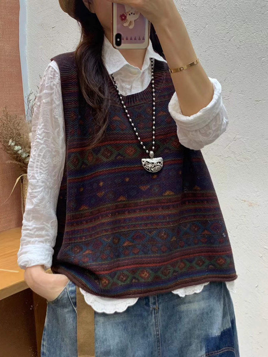 Plus Size Women Autumn Artsy Colorblock Knit O-Neck Vest
