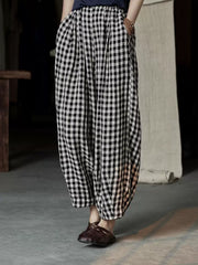 Plus Size Women Spring Casual Plaid Loose Linen Harem Pants