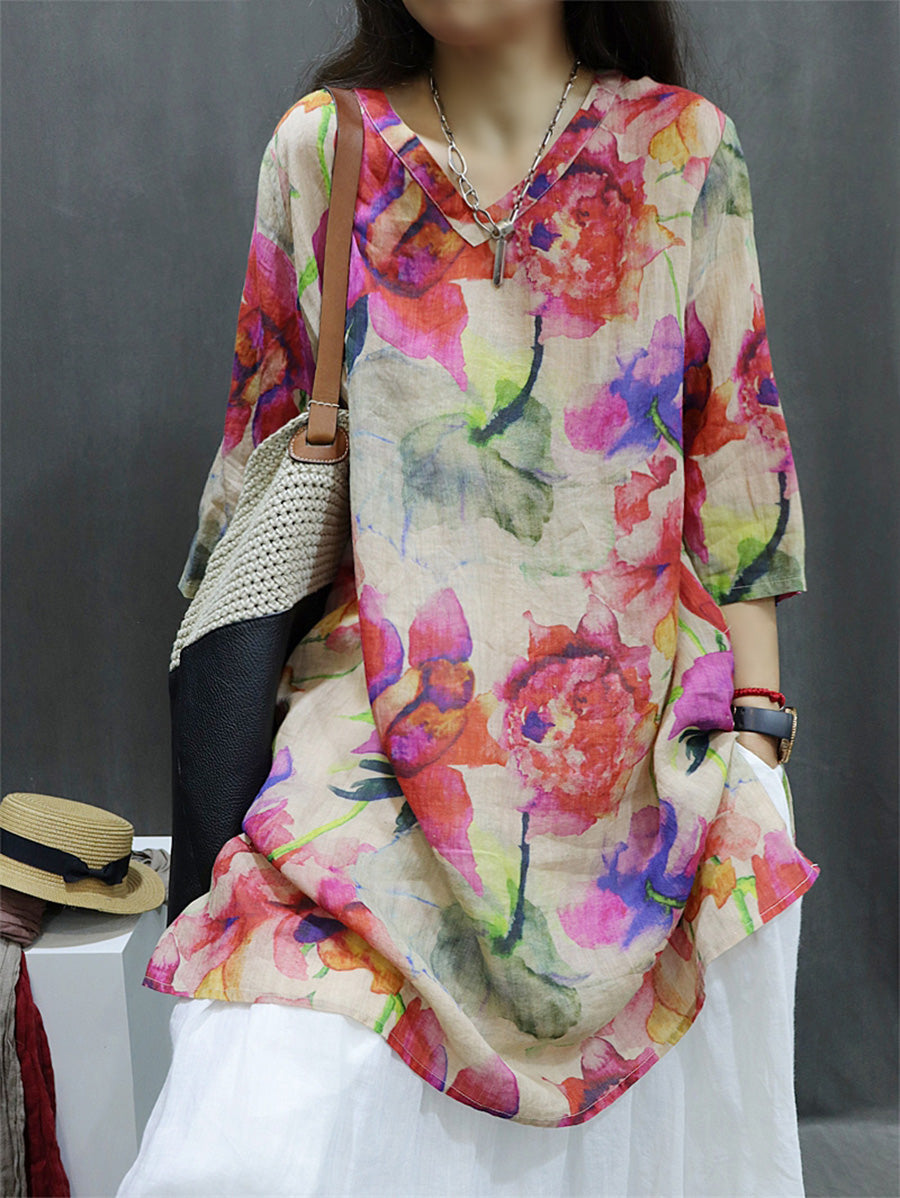 Plus Size Women Spring Vintage Flower V-Neck 100%Ramie Blouse