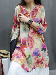 Plus Size Women Spring Vintage Flower V-Neck 100%Ramie Blouse