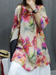 Plus Size Women Spring Vintage Flower V-Neck 100%Ramie Blouse