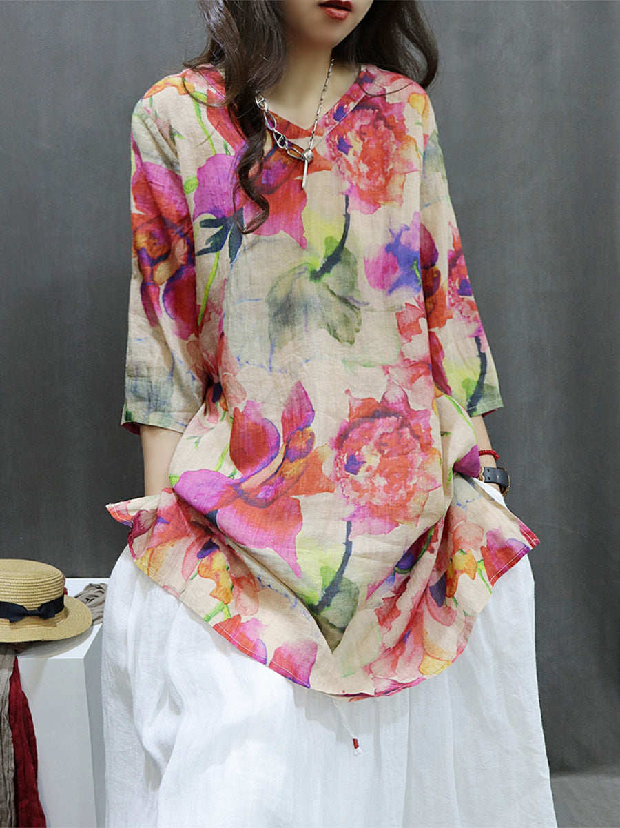 Plus Size Women Spring Vintage Flower V-Neck 100%Ramie Blouse
