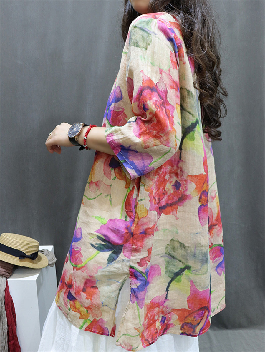 Plus Size Women Spring Vintage Flower V-Neck 100%Ramie Blouse