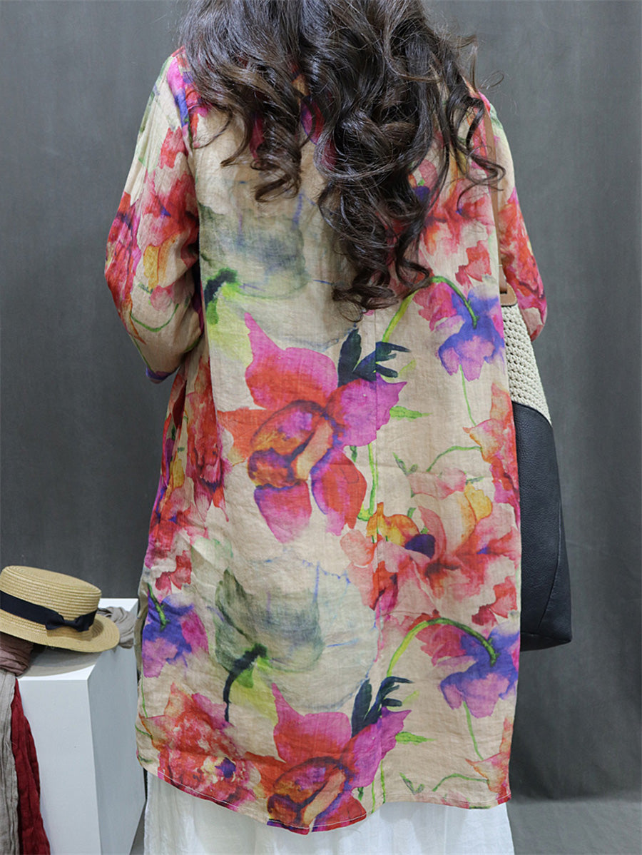 Plus Size Women Spring Vintage Flower V-Neck 100%Ramie Blouse