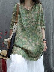 Plus Size Women Summer Artsy V-Neck Flower 100%Ramie Blouse
