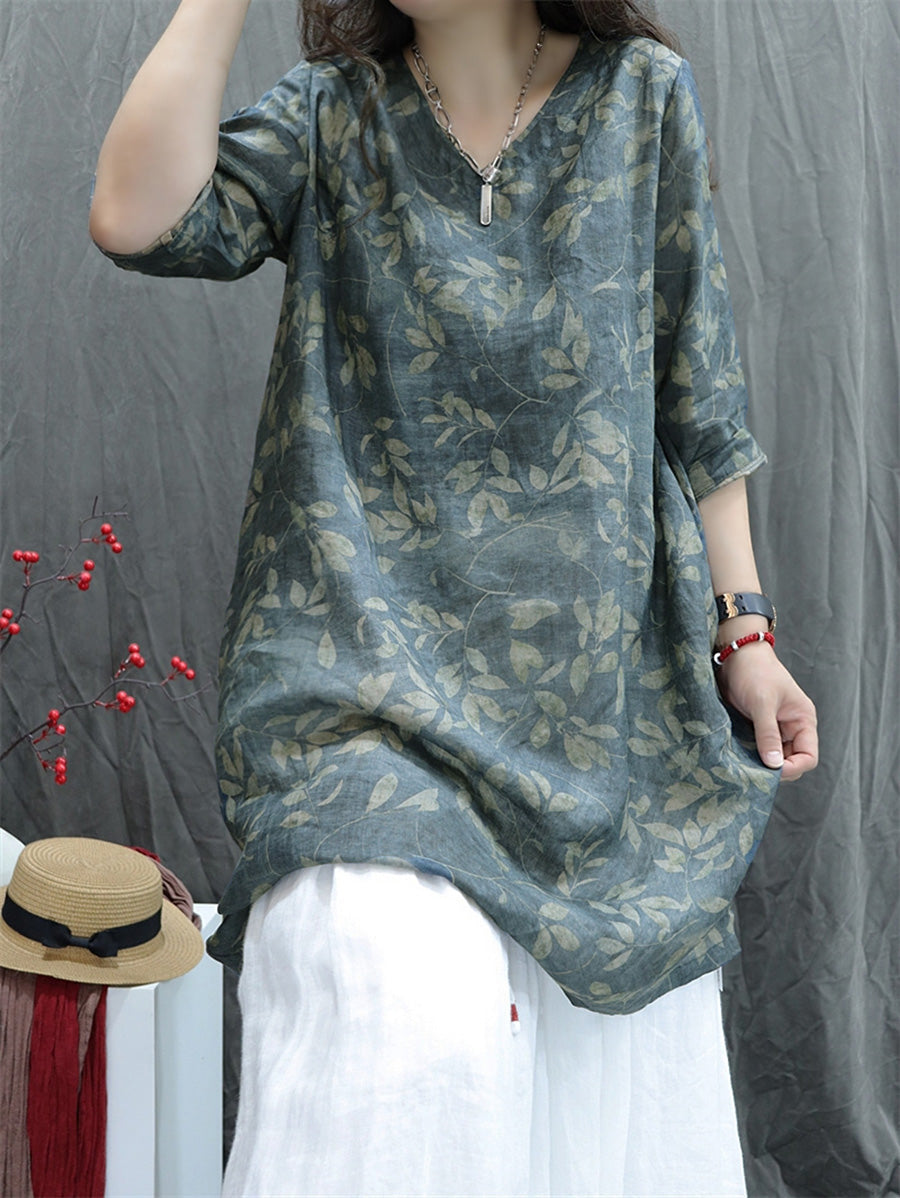Plus Size Women Summer Artsy V-Neck Flower 100%Ramie Blouse