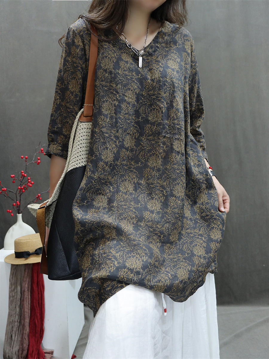 Plus Size Women Summer Artsy V-Neck Flower 100%Ramie Blouse