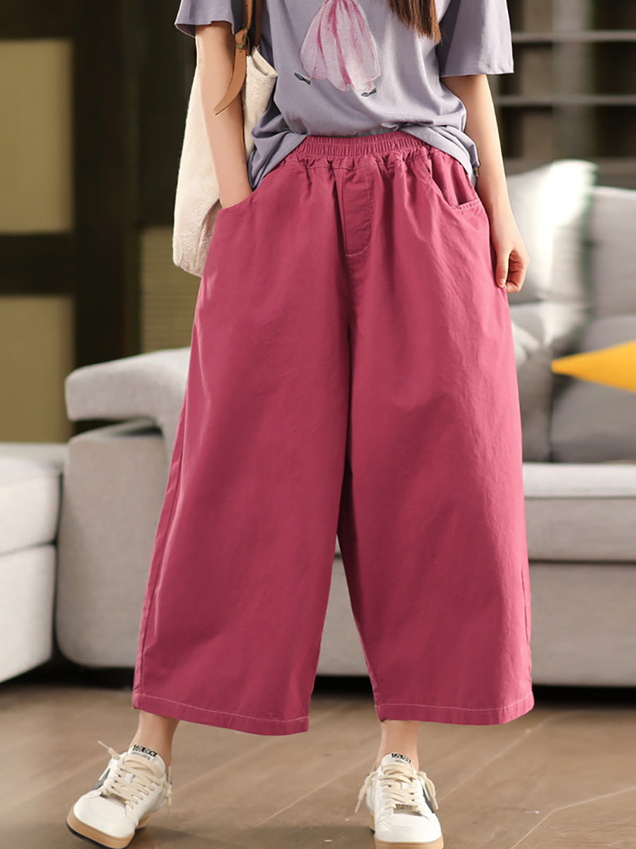 Plus Size Women Summer Pure Color 100%Cotton Wide-leg Pants