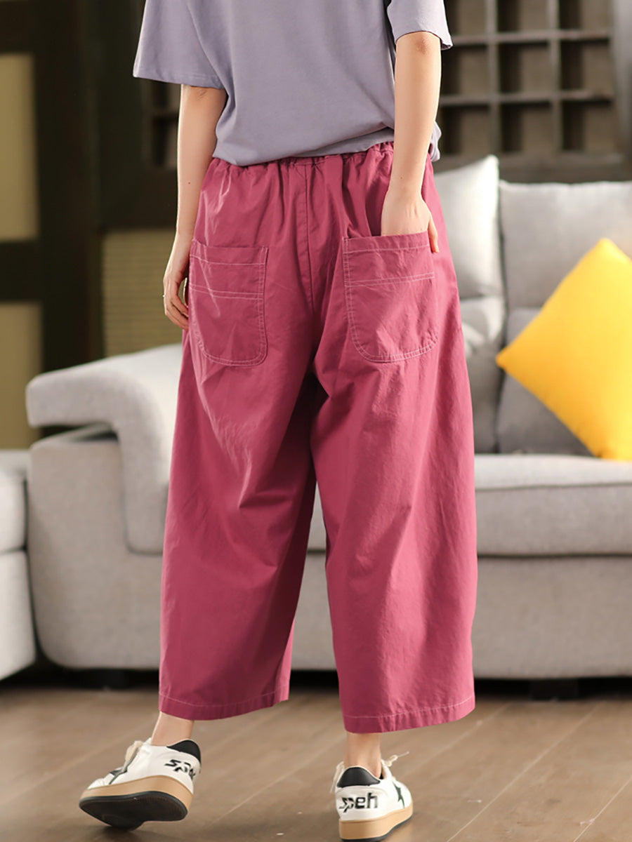 Plus Size Women Summer Pure Color 100%Cotton Wide-leg Pants