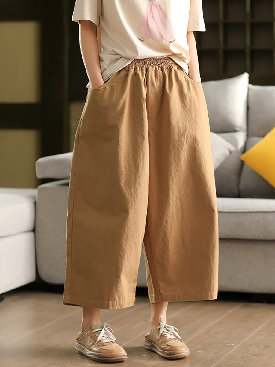 Plus Size Women Summer Pure Color 100%Cotton Wide-leg Pants