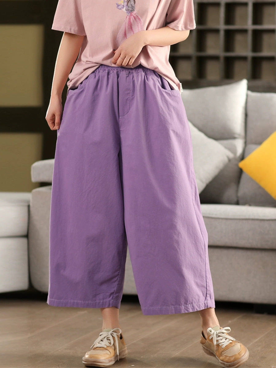 Plus Size Women Summer Pure Color 100%Cotton Wide-leg Pants
