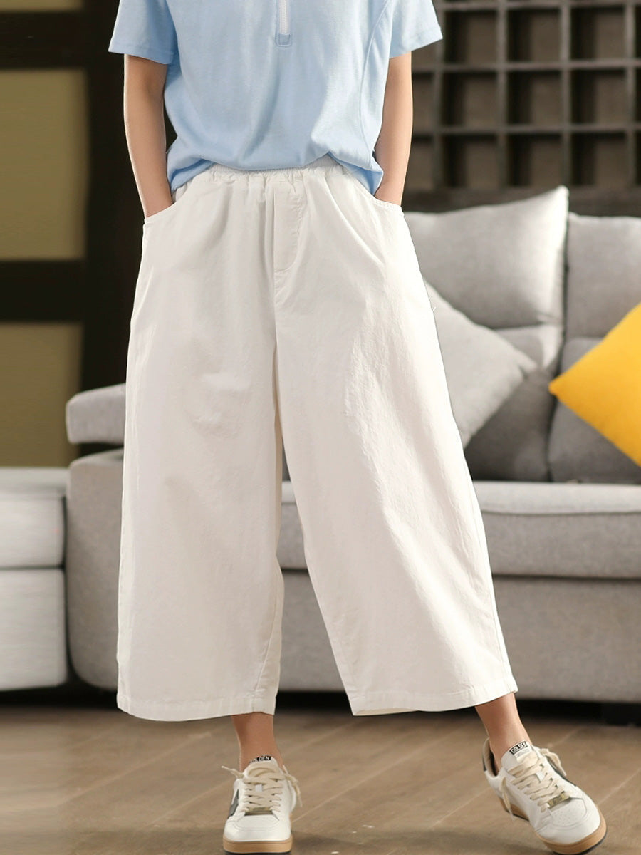 Plus Size Women Summer Pure Color 100%Cotton Wide-leg Pants