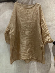 Plus Size Women Summer Artsy Pure Color O-Neck Ramie Blouse