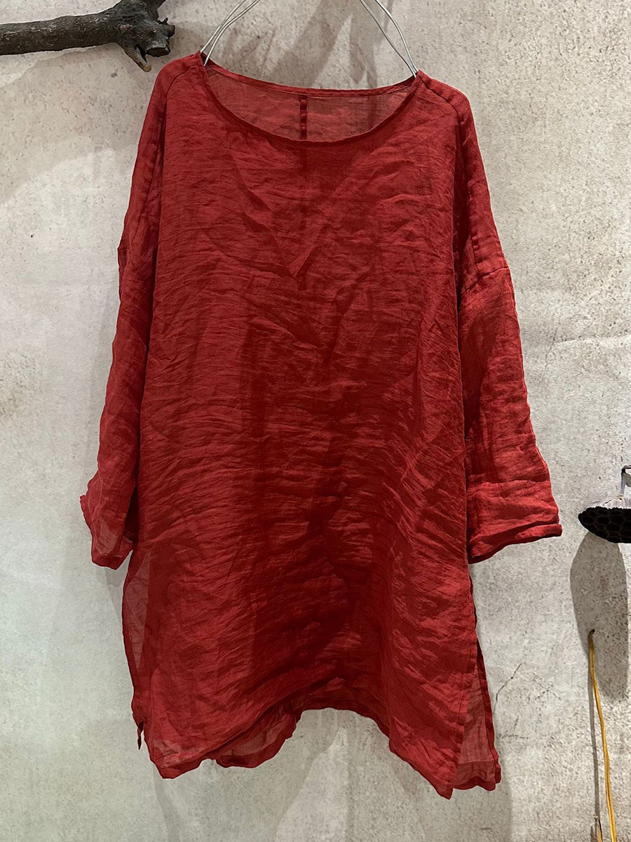 Plus Size Women Summer Artsy Pure Color O-Neck Ramie Blouse