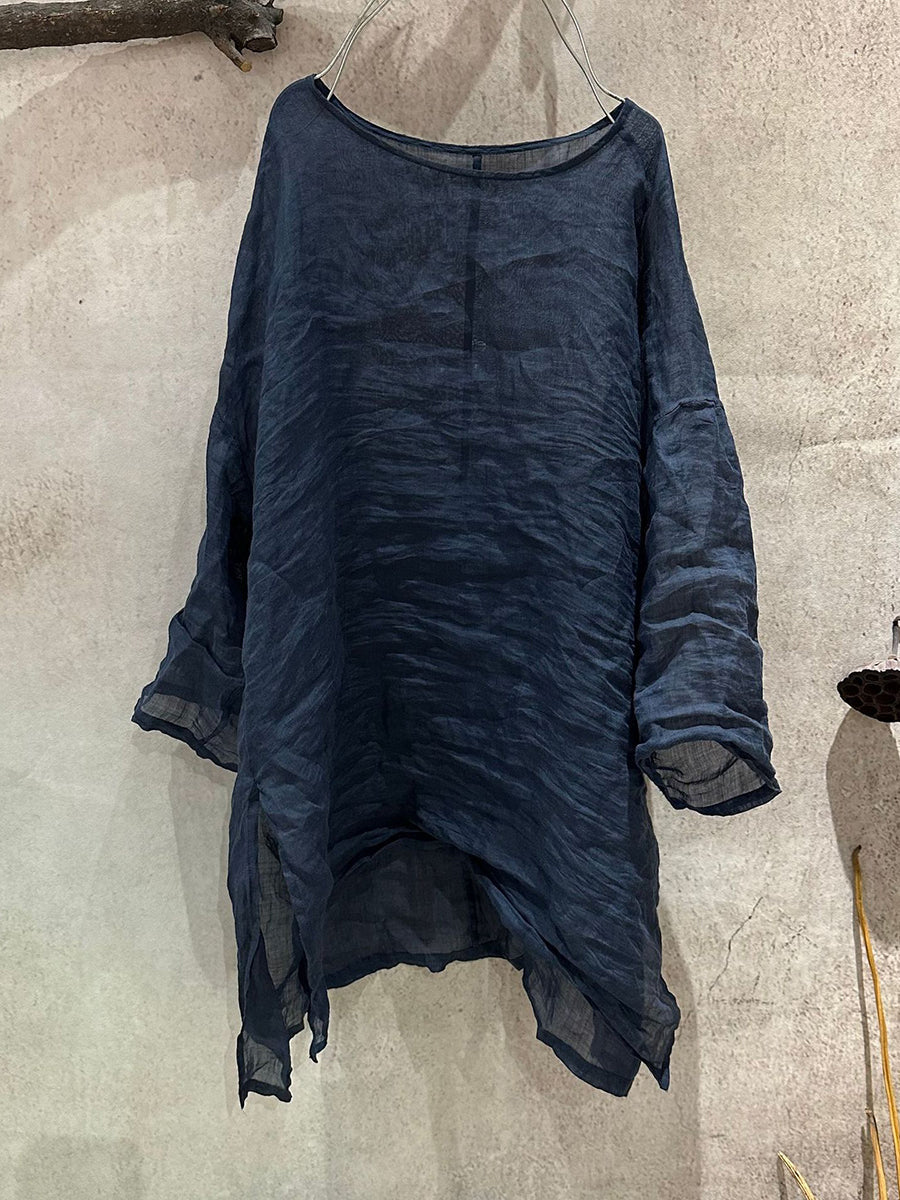 Plus Size Women Summer Artsy Pure Color O-Neck Ramie Blouse
